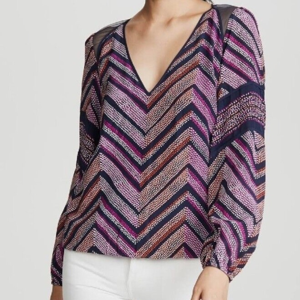 Ramy Brook Women Cal Geo Silk Blend Multi Sheer Casual Long Sleeve Blouse Sz-XS